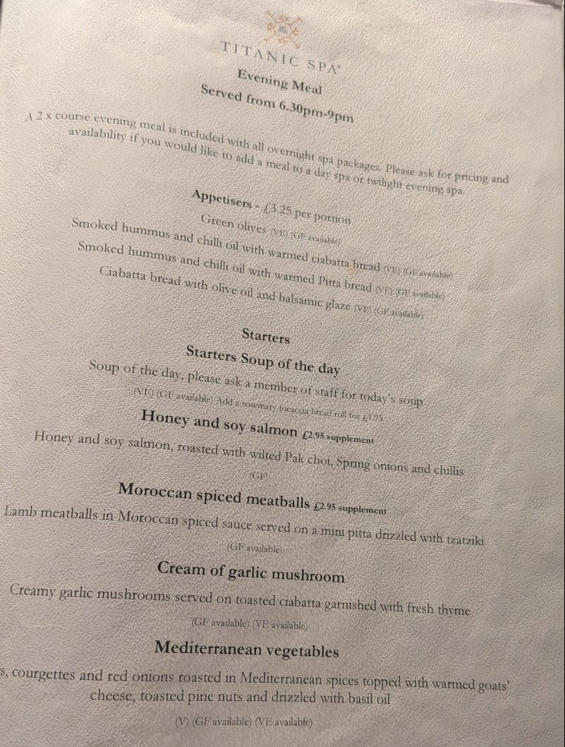 Titanic evening meal menu