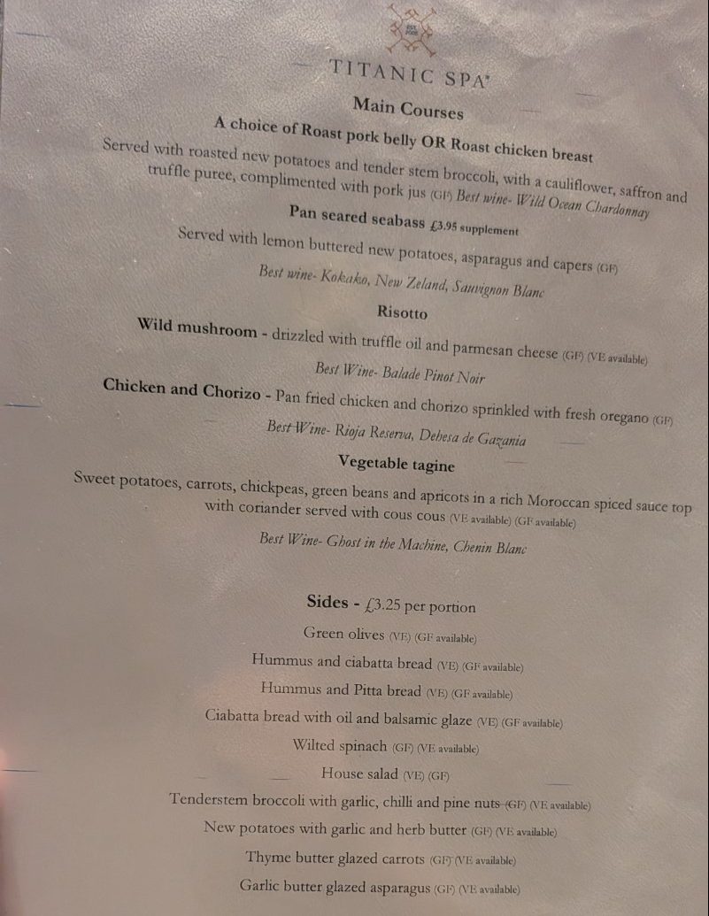 Titanic spa evening meal menu