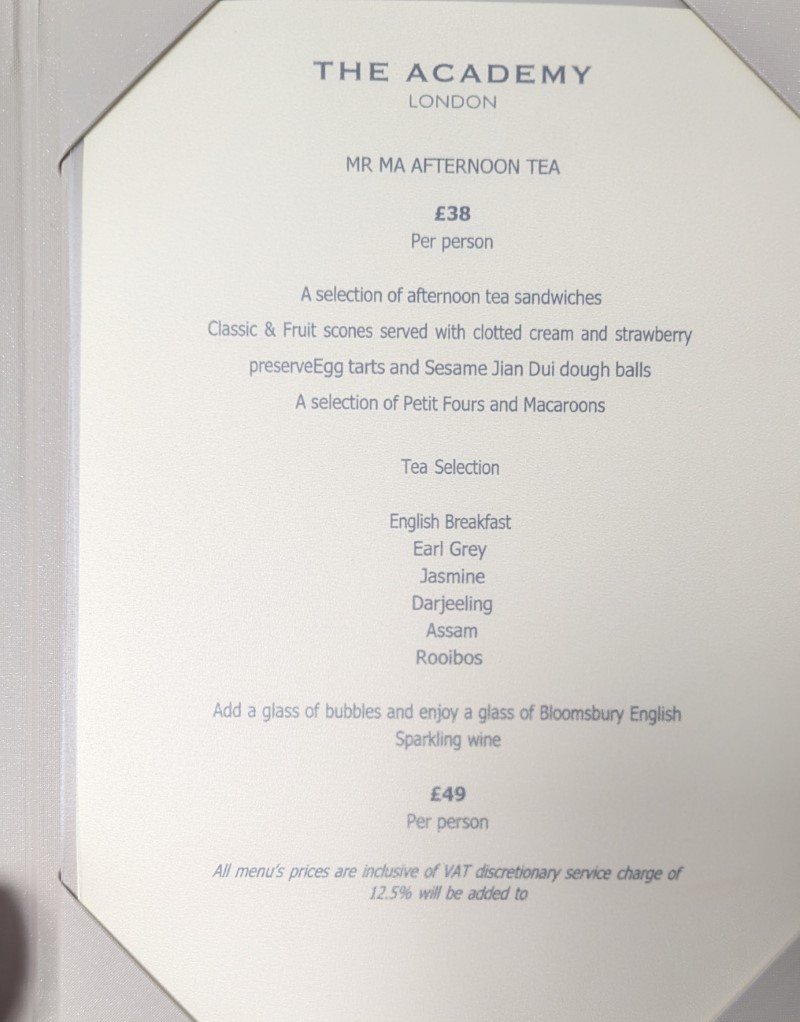The Academy London Afternoon Tea Menu