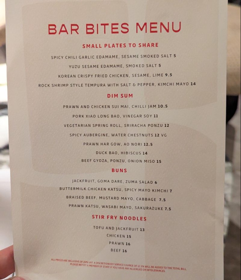 UBA Bar Bites Menu