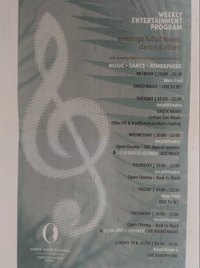 Entertainment schedule at Domes Aulus Elounda