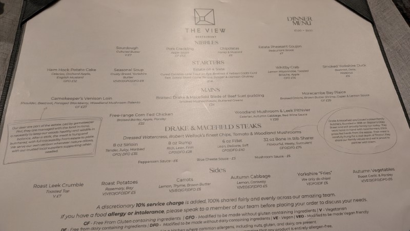 Dinner Menu at The Coniston Hotel