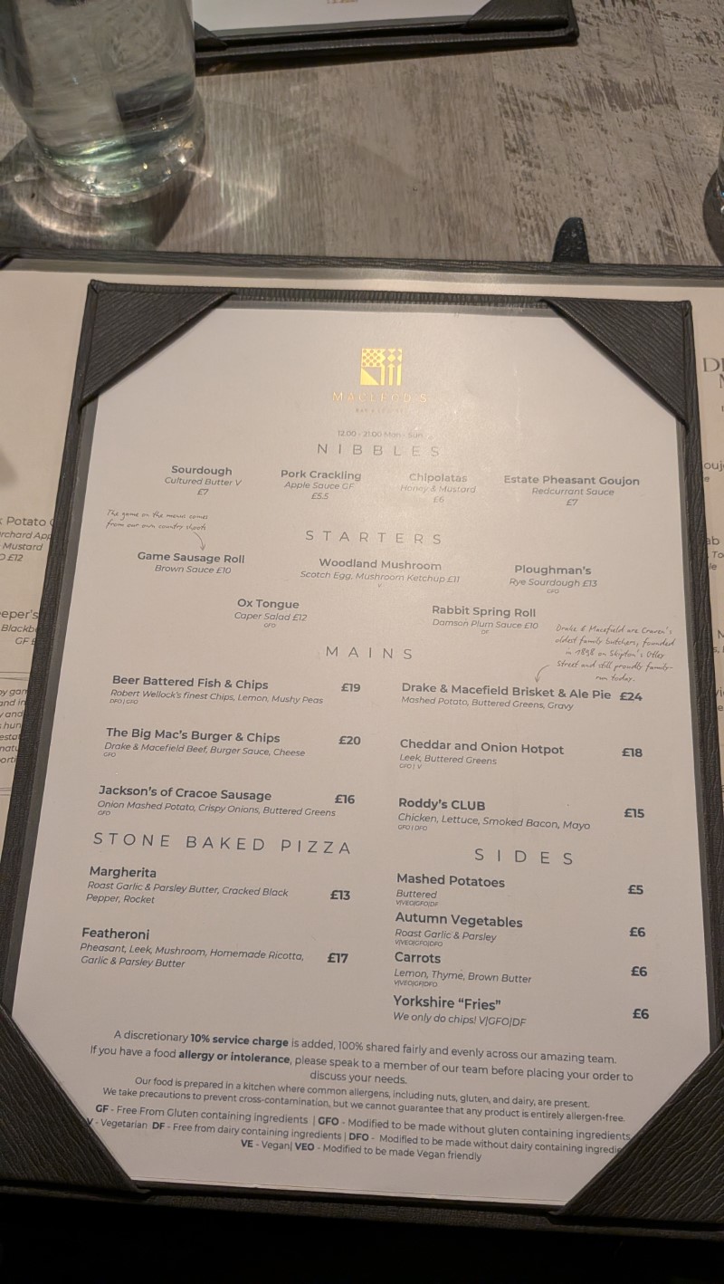 Dinner Menu at The Coniston Hotel