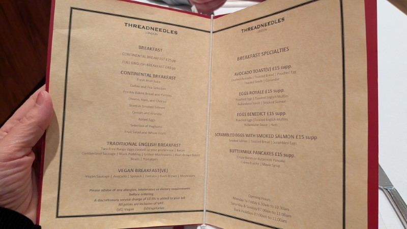 Breakfast Menu at Threadneedles Hotel London Review 