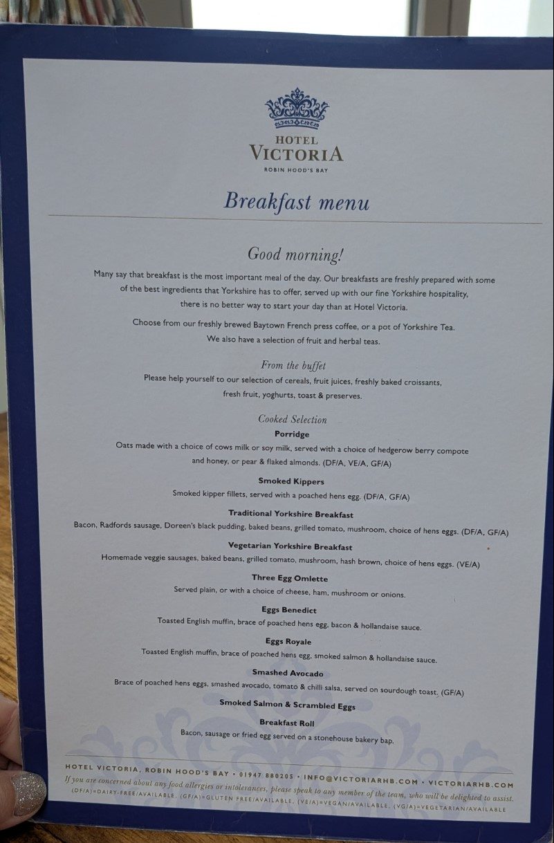 Breakfast menu at Hotel Victoria Robin Hood's Bay