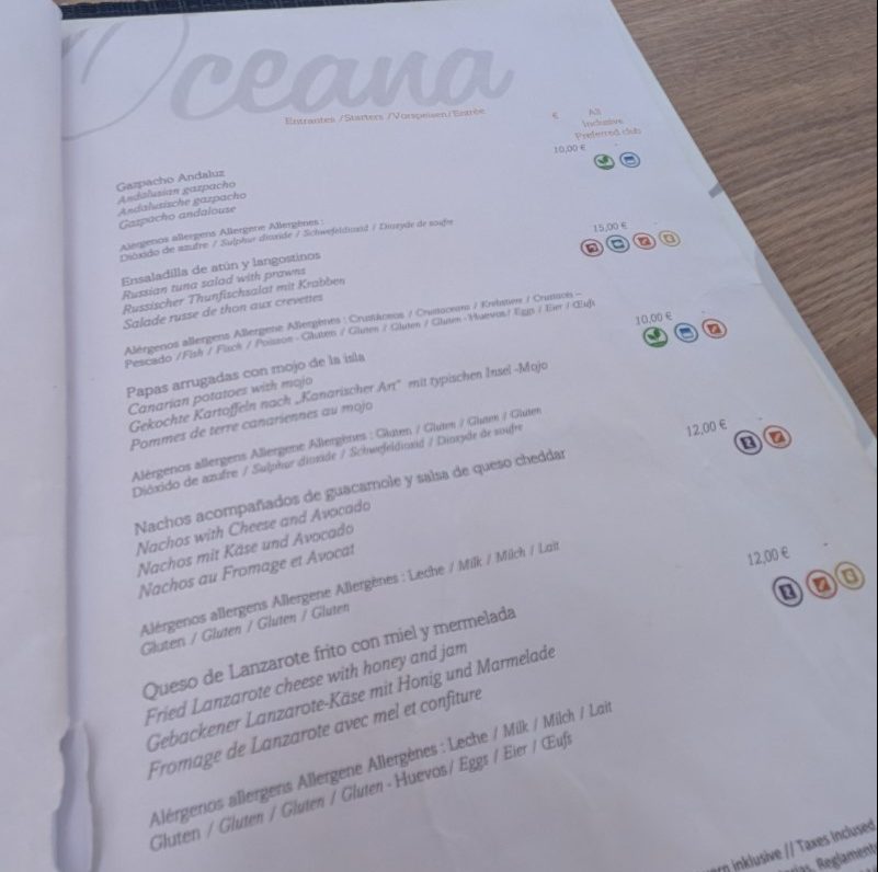 Secrets Lanzarote Oceana Lunch Menu