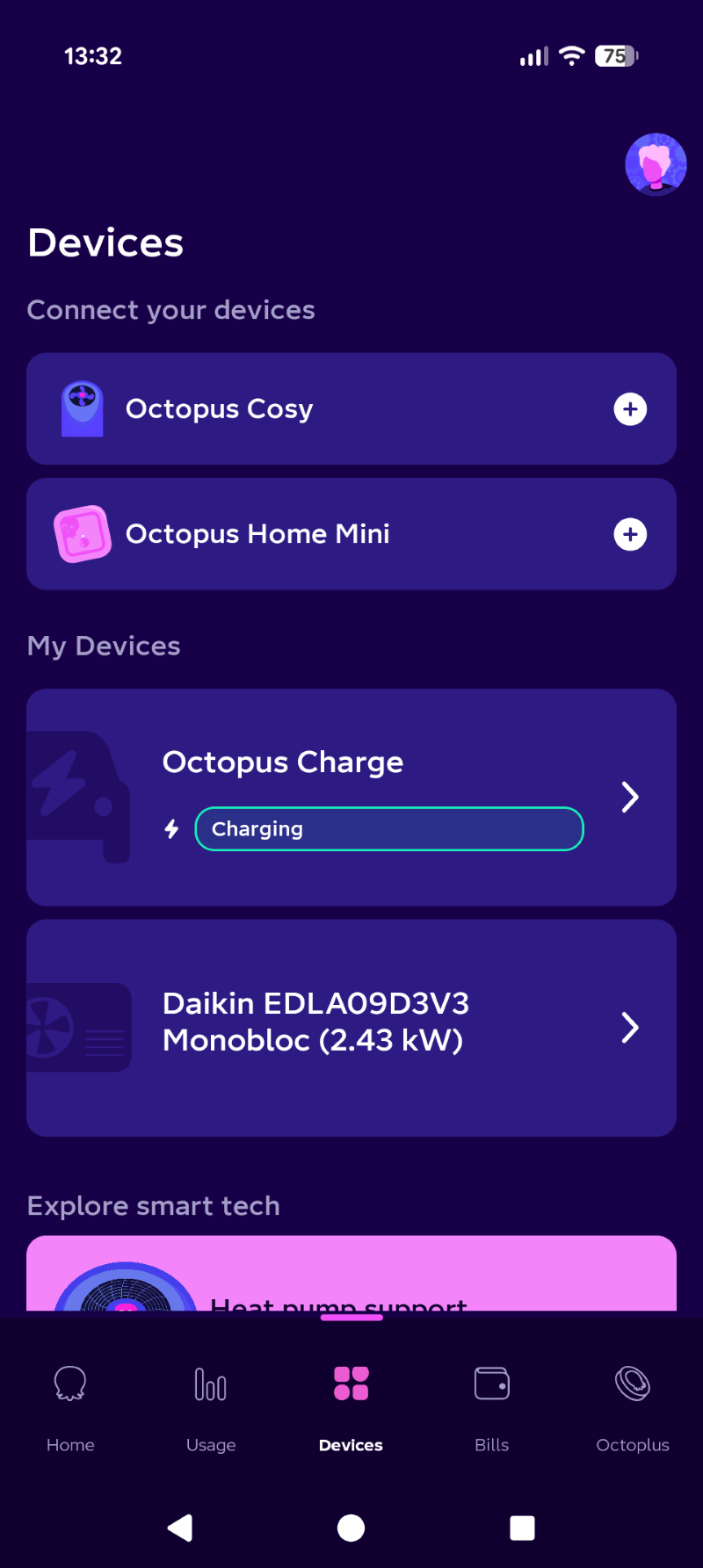 Review of the Octopus Charge Tethered EV Charger App Screenshot